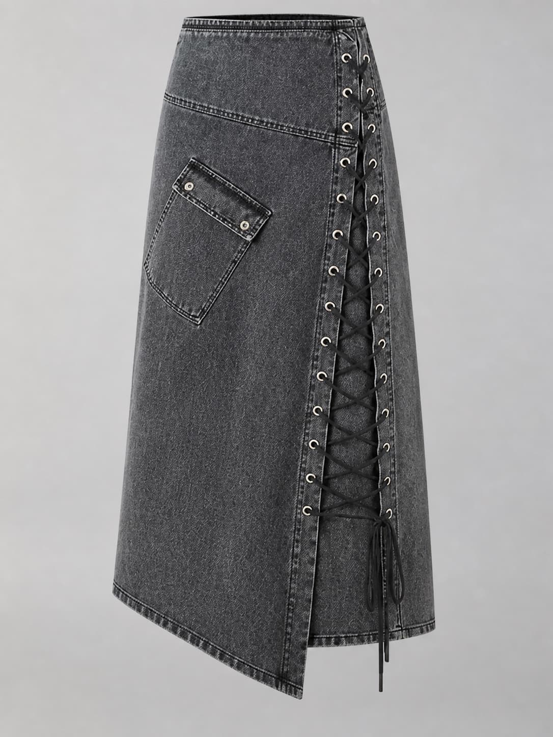 Lattice Lace Maxi, Asymmetric Maxi Denim Skirt