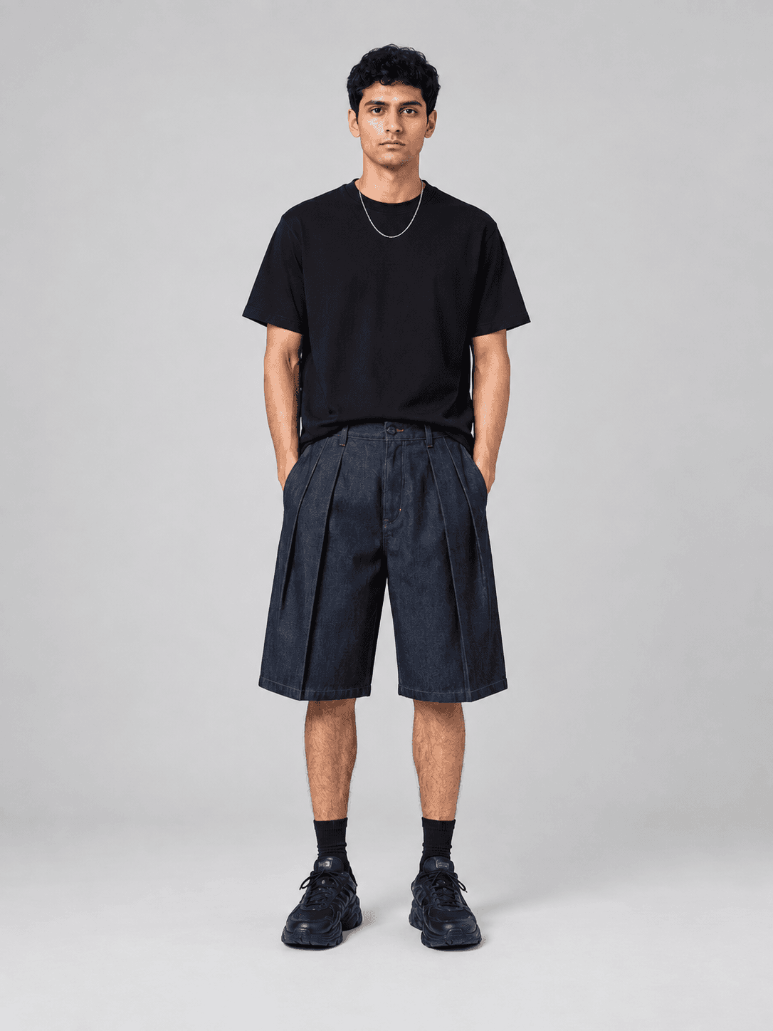 Axis Pleat Short, Tailored Wide Denim Shorts