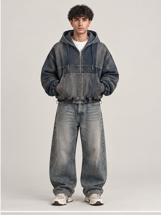 Grid Shell Denim Hoodie, Architectural Boxy Hoodie Denim Top