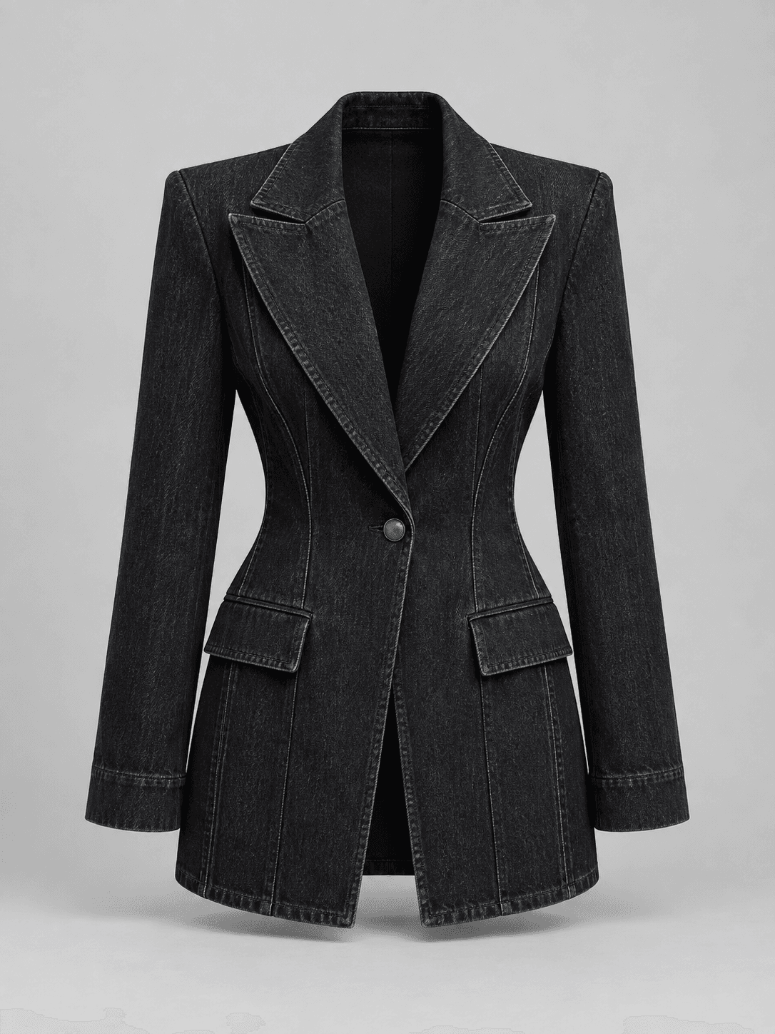 Noir Frame Blazer, Tailored Longline Denim Jacket