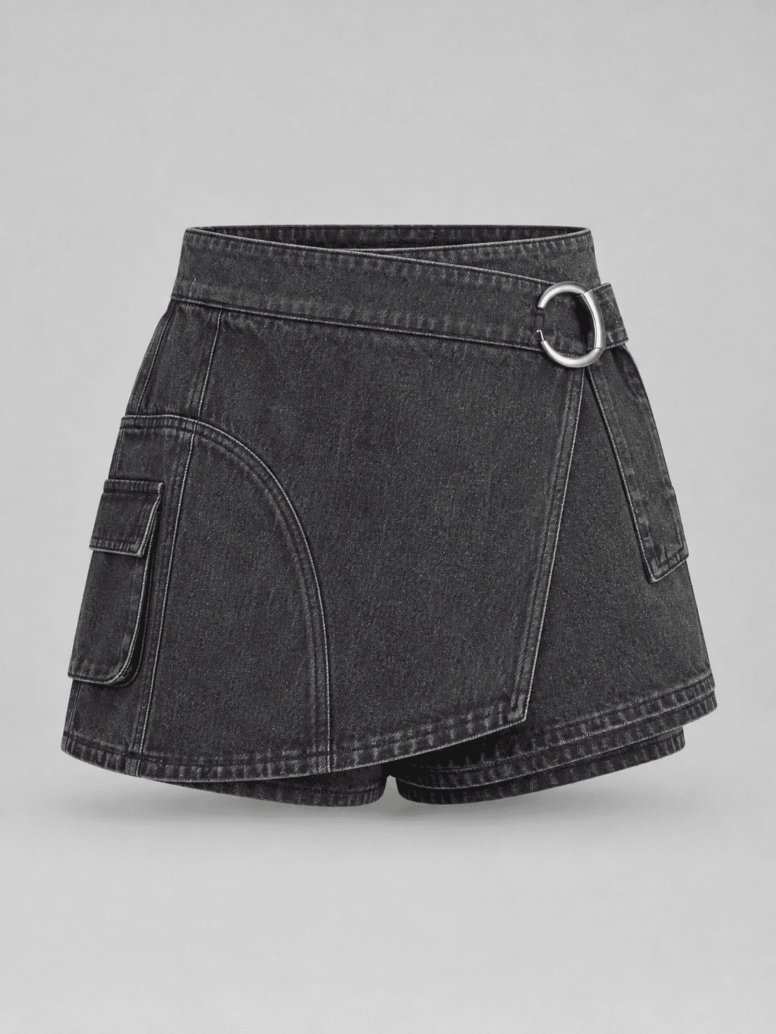 Orbit Buckle Skort, Asymmetric Skort Denim Skirt