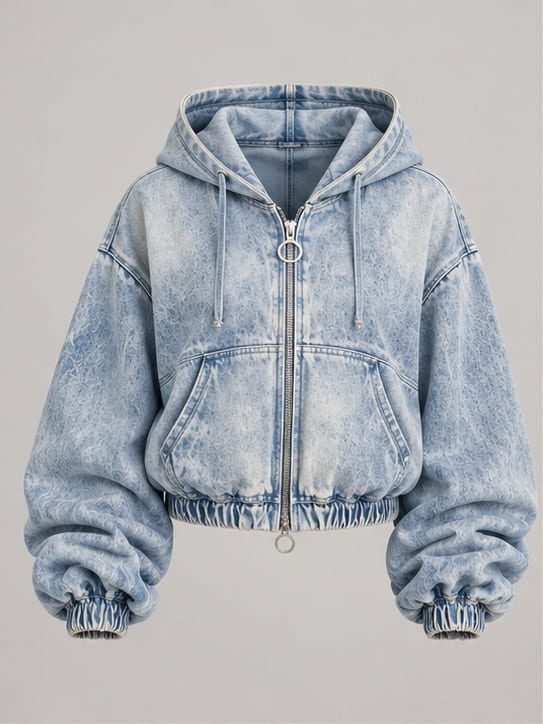 Halo Ruched Denim Hoodie — Studio render