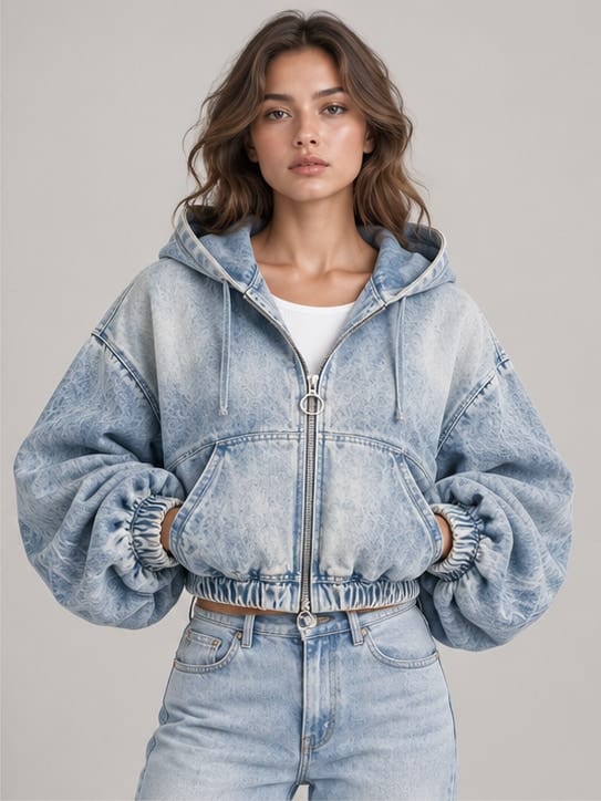 Halo Ruched Denim Hoodie — Front view