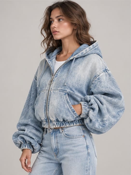 Halo Ruched Denim Hoodie — Side view