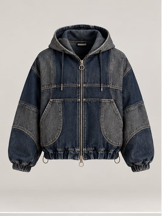 Grid Shell Denim Hoodie — Studio render