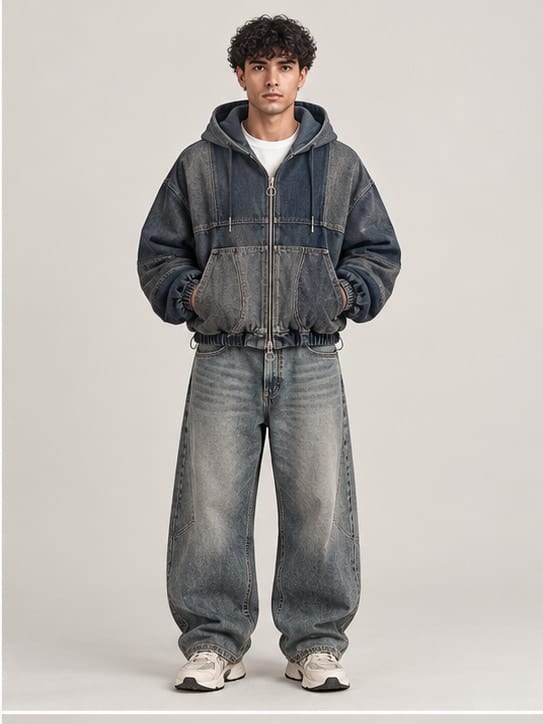 Grid Shell Denim Hoodie — Front view