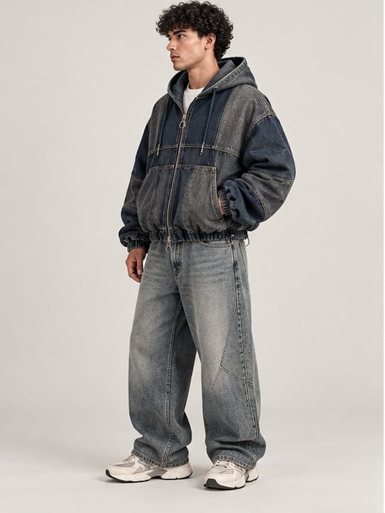 Grid Shell Denim Hoodie — Side view