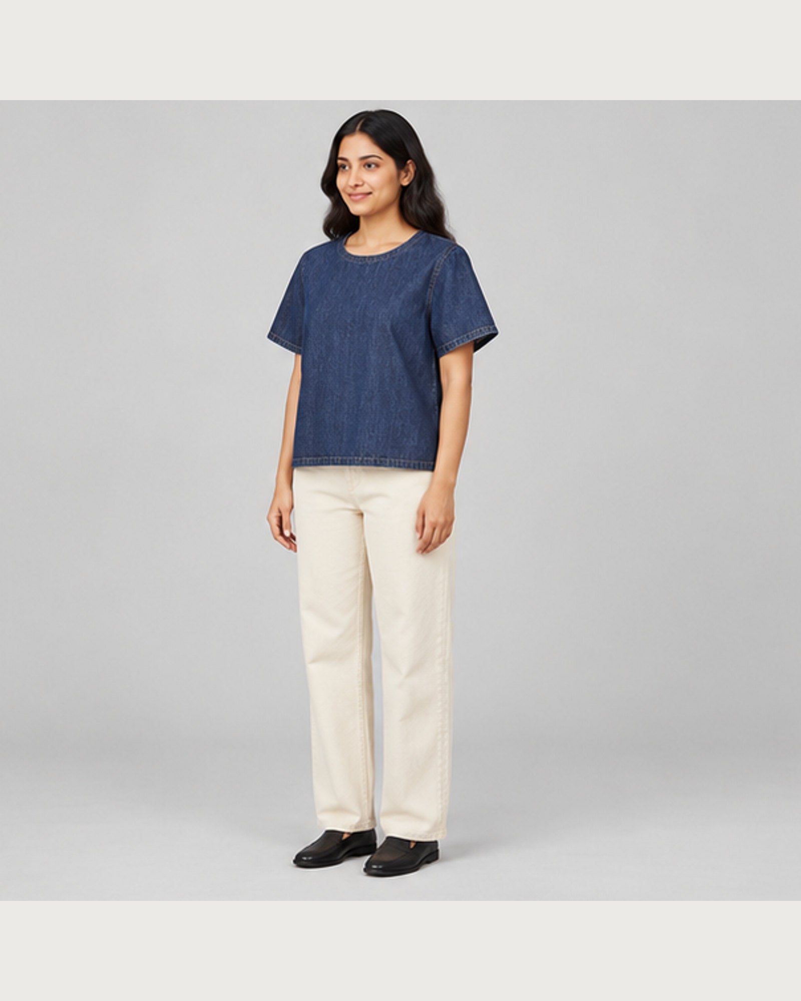 Boxy Denim Tee — on model, three-quarter