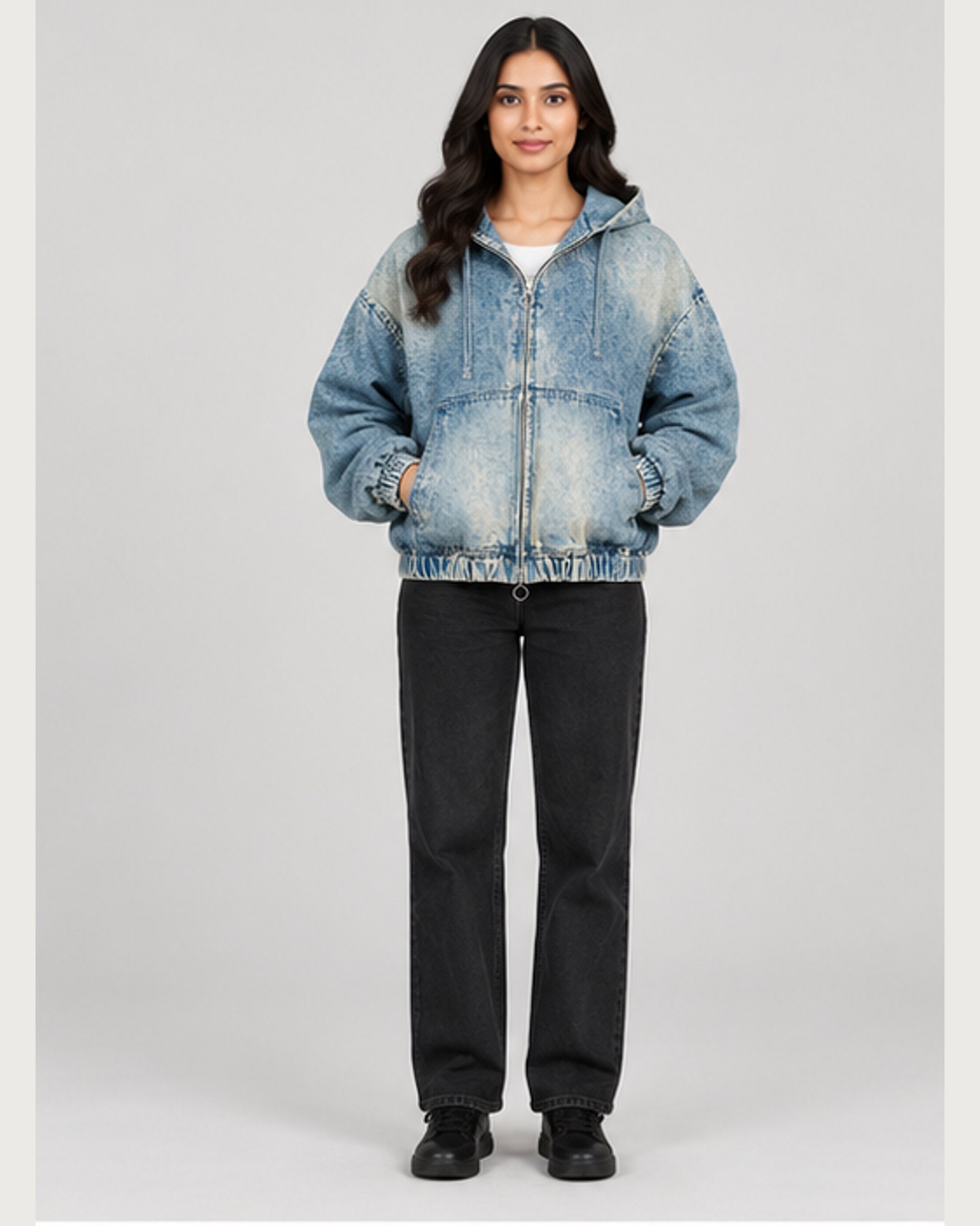 Cloud Acid Denim Hoodie — on model, front