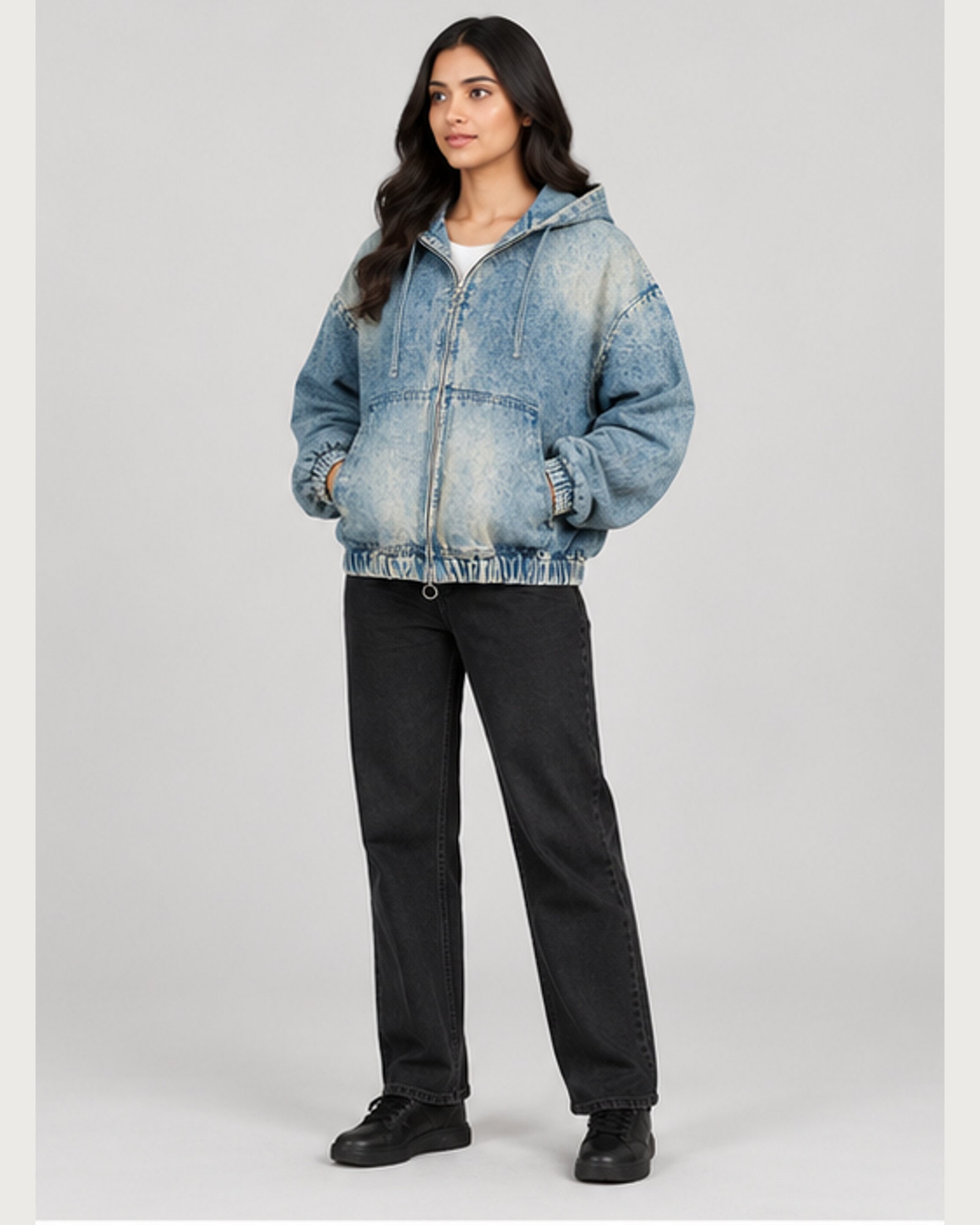 Cloud Acid Denim Hoodie — on model, three-quarter