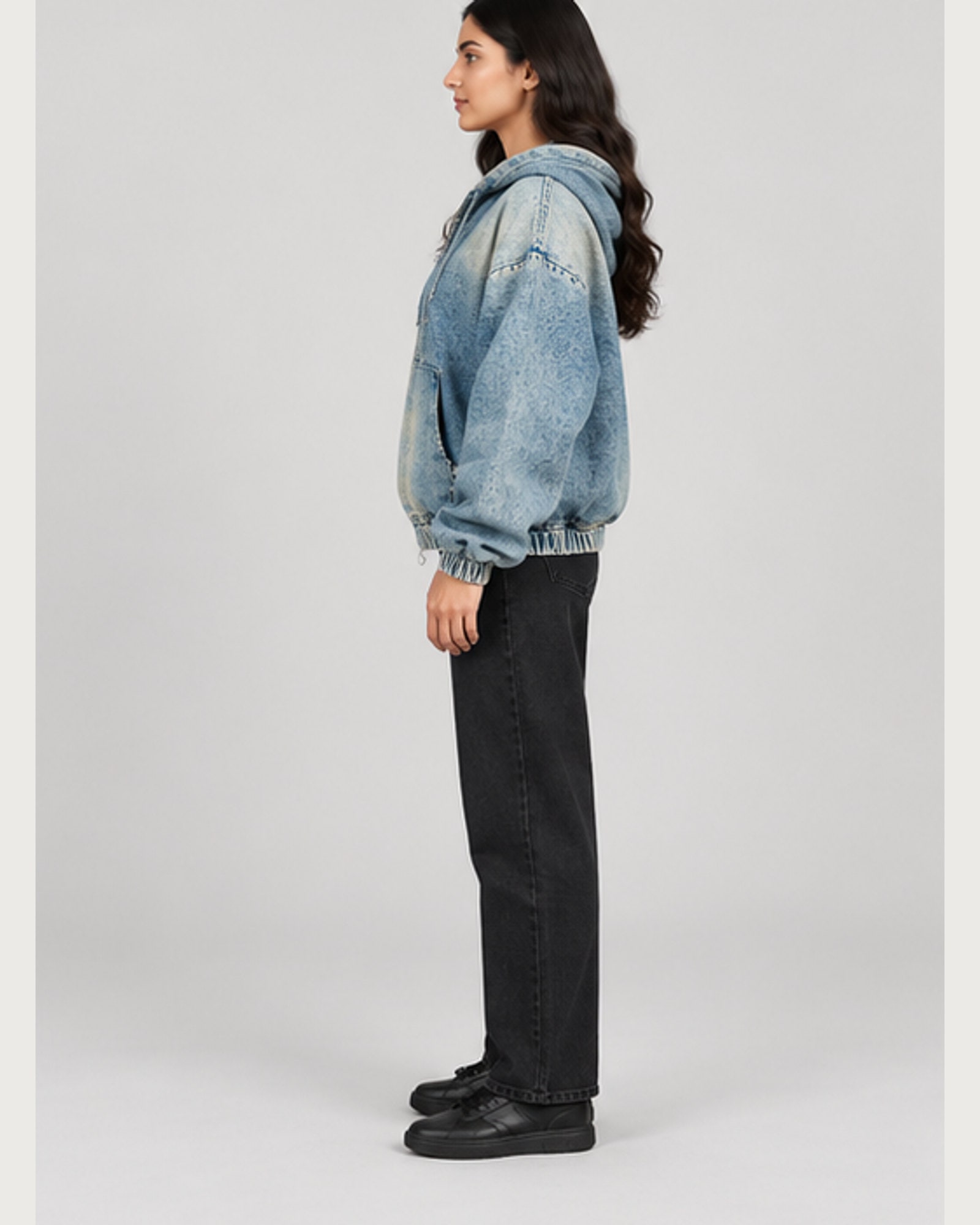 Cloud Acid Denim Hoodie — on model, side