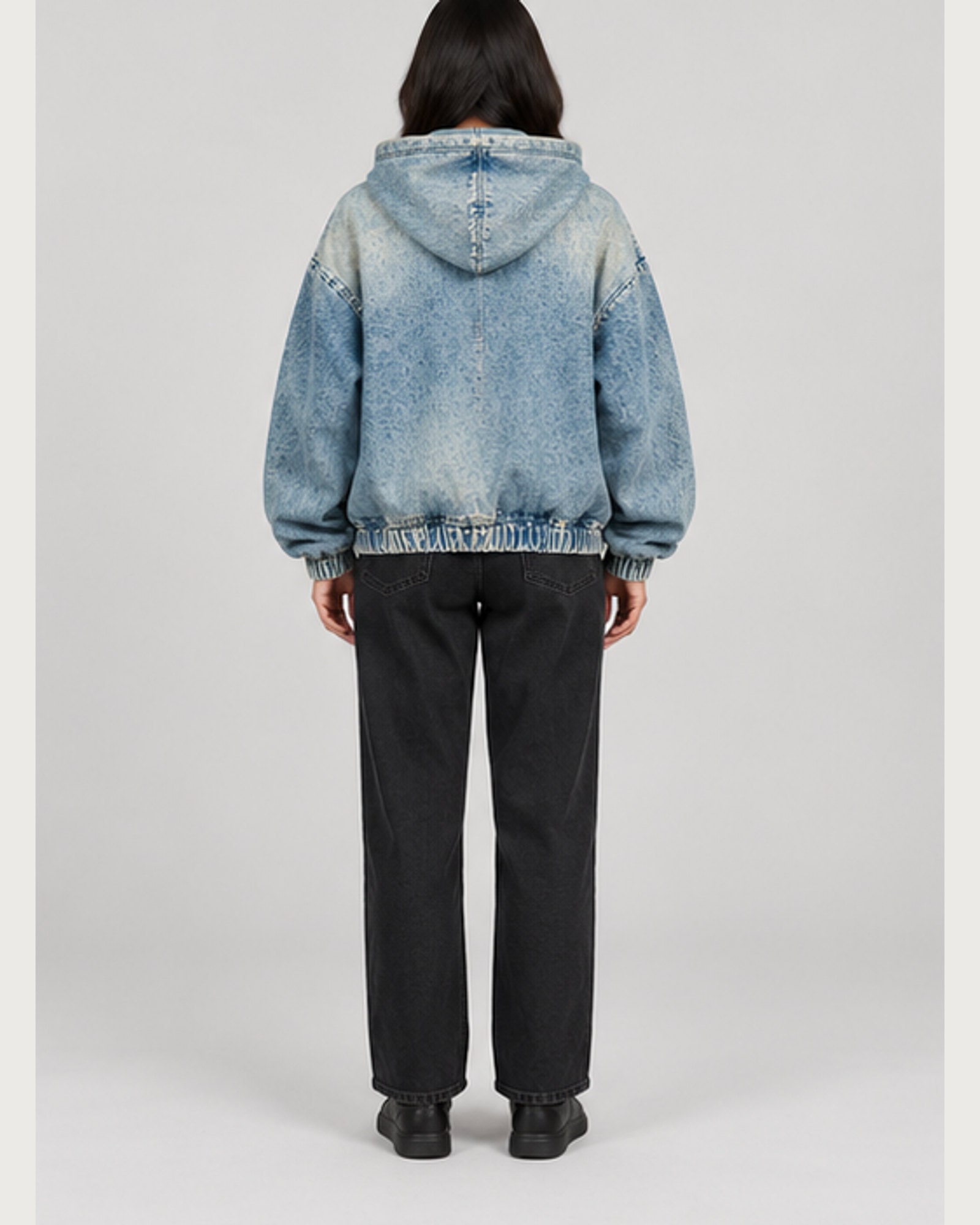 Cloud Acid Denim Hoodie — on model, back