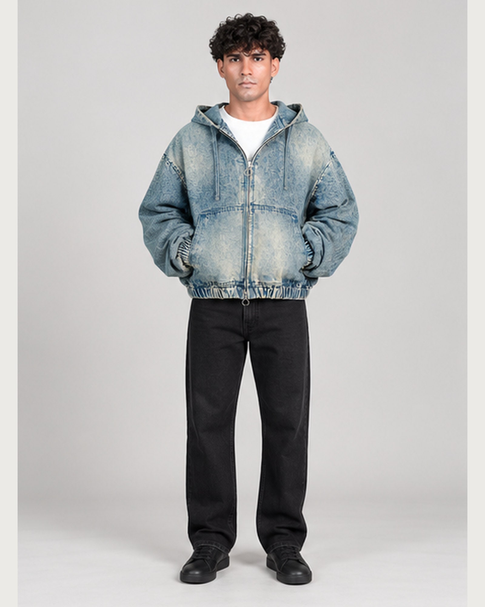 Cloud Acid Denim Hoodie — on model, front