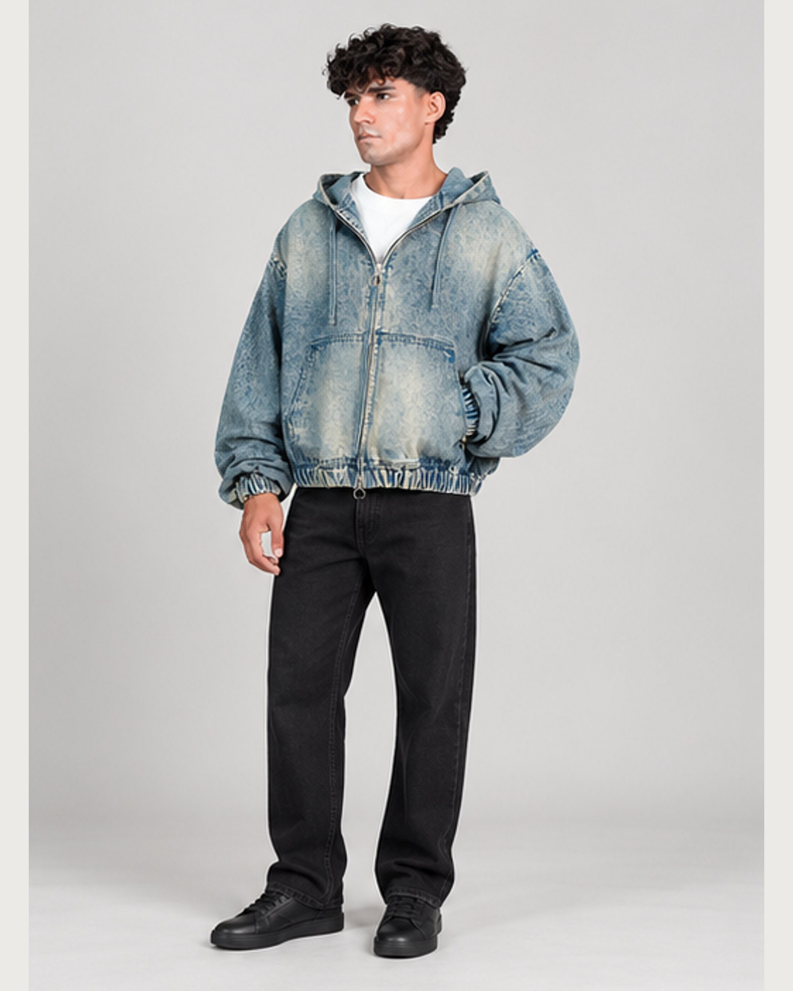 Cloud Acid Denim Hoodie — on model, three-quarter