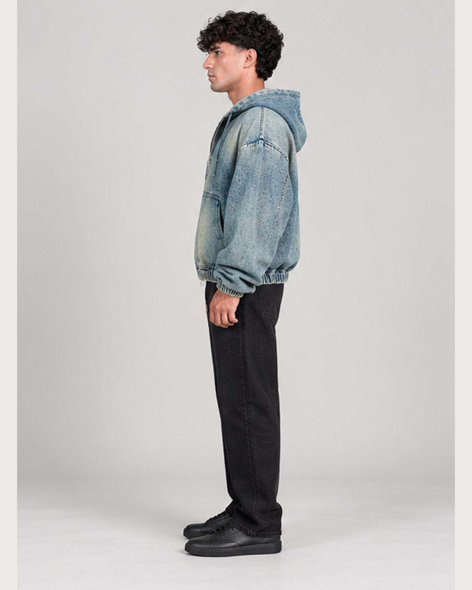 Cloud Acid Denim Hoodie — on model, side