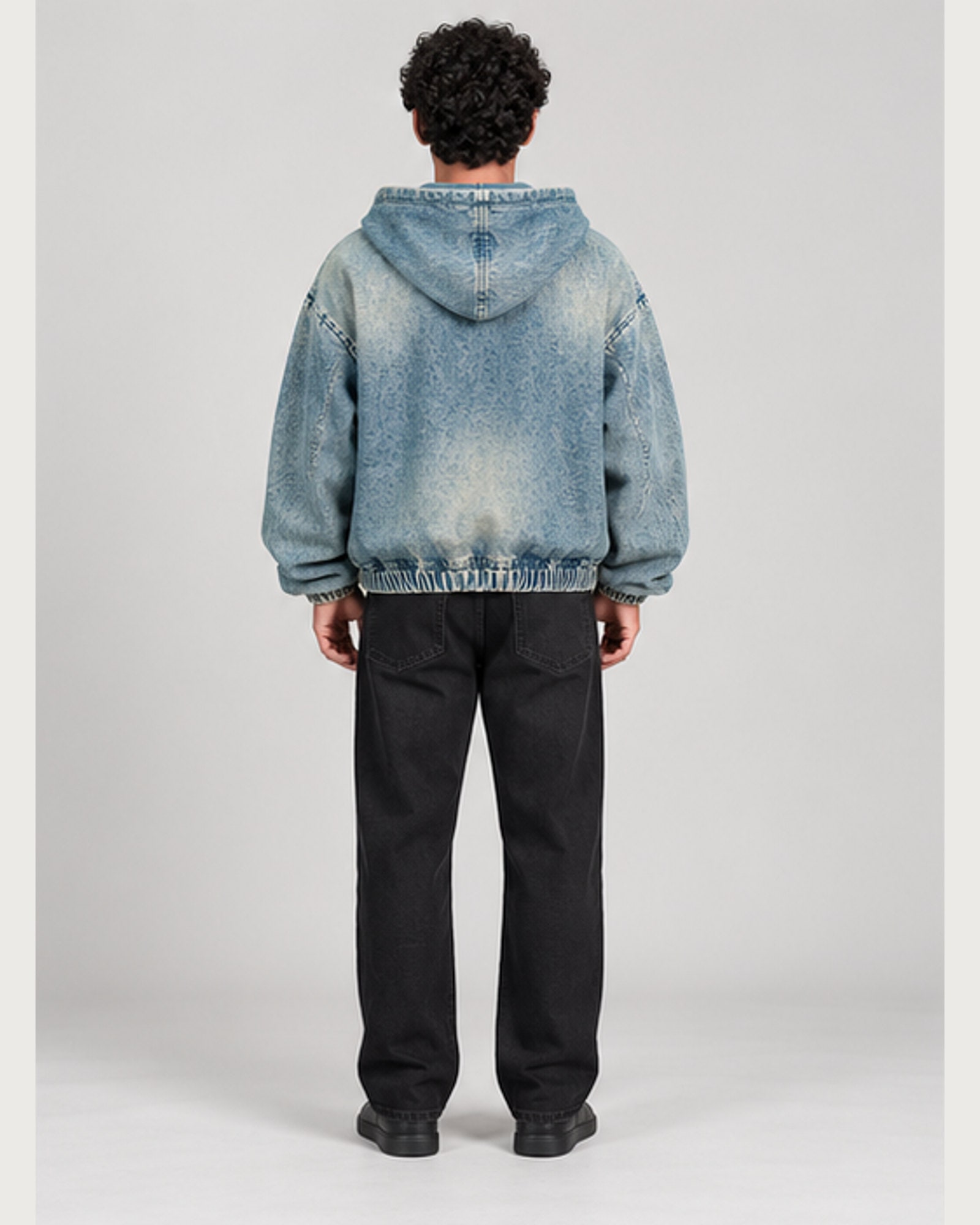 Cloud Acid Denim Hoodie — on model, back