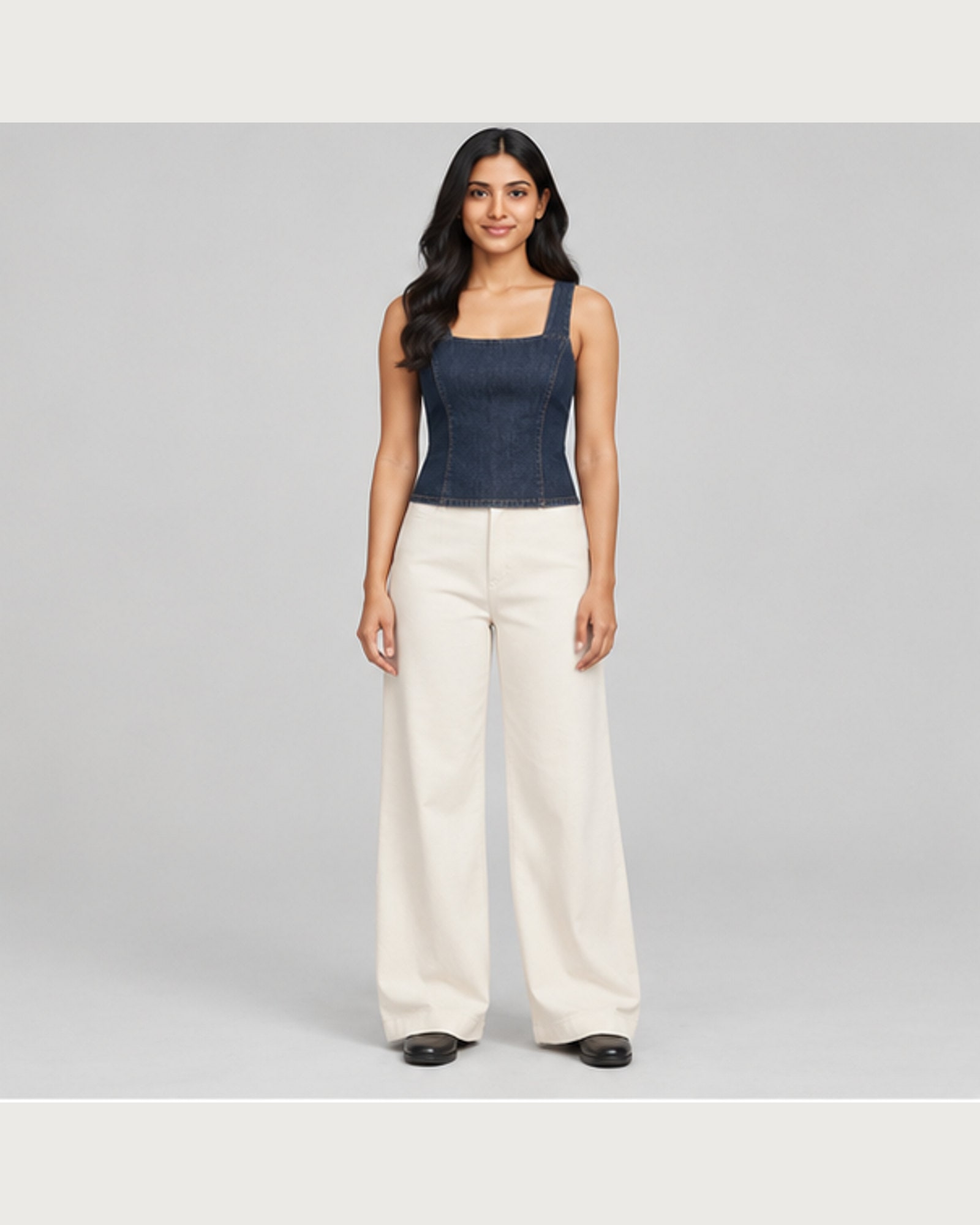 Square Neck Denim Top — on model, front