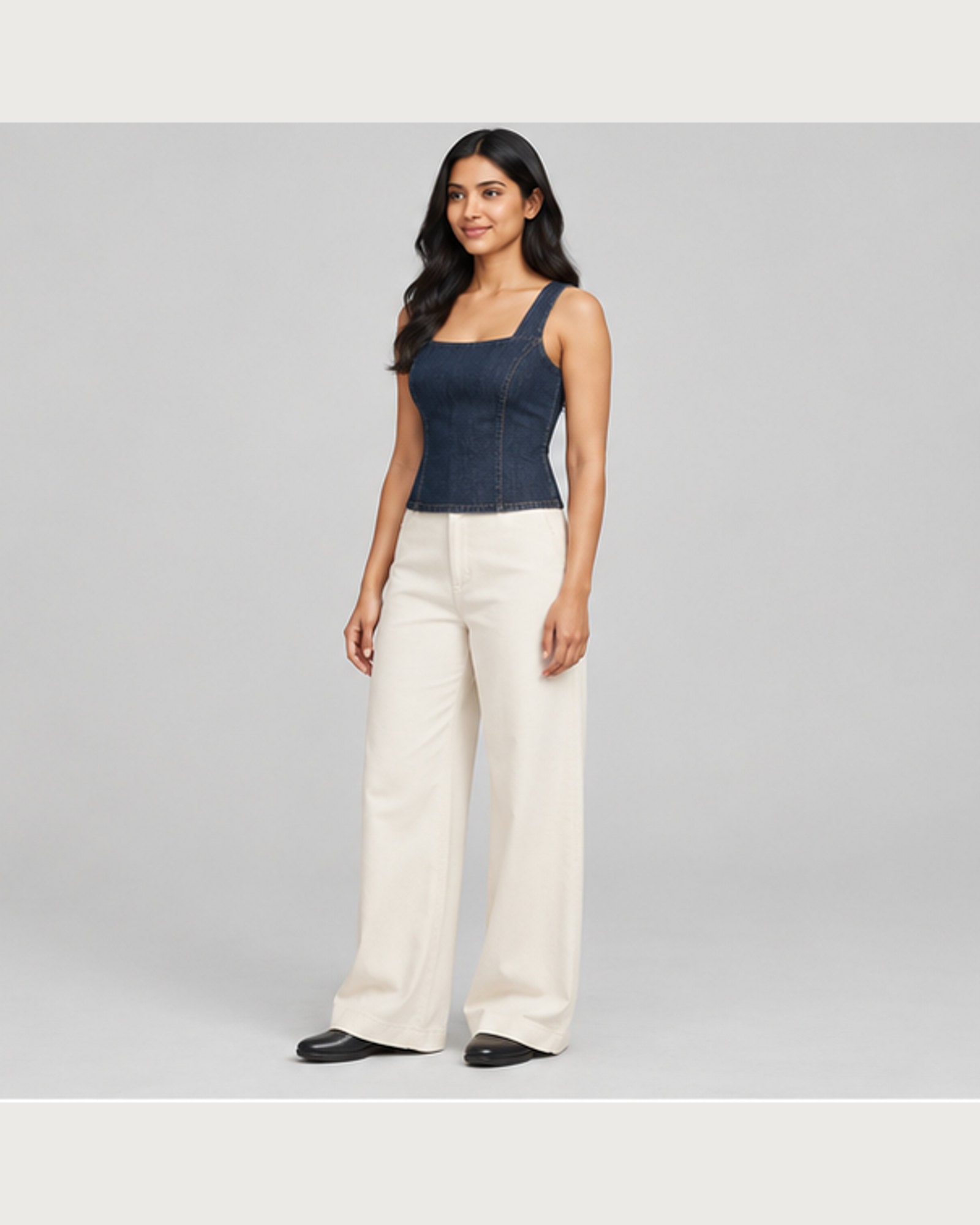 Square Neck Denim Top — on model, three-quarter