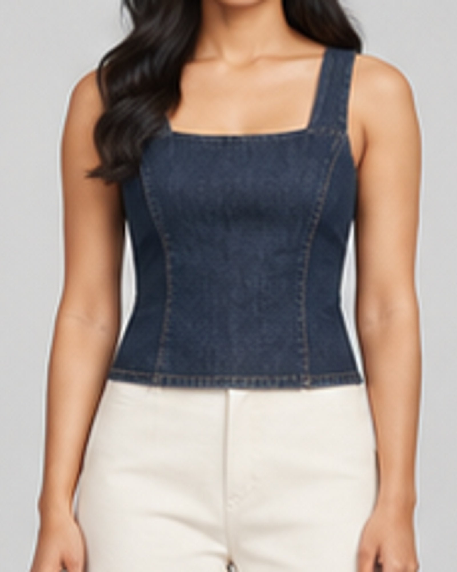Square Neck Denim Top — waist and construction detail